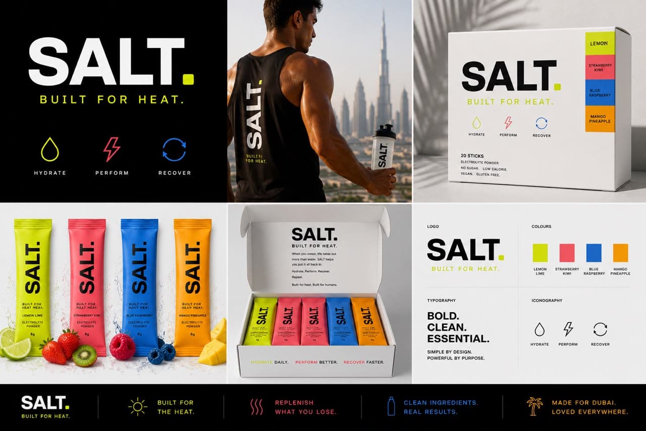 SALT brand system overview: logo, lifestyle photography, packaging, colours and typography.