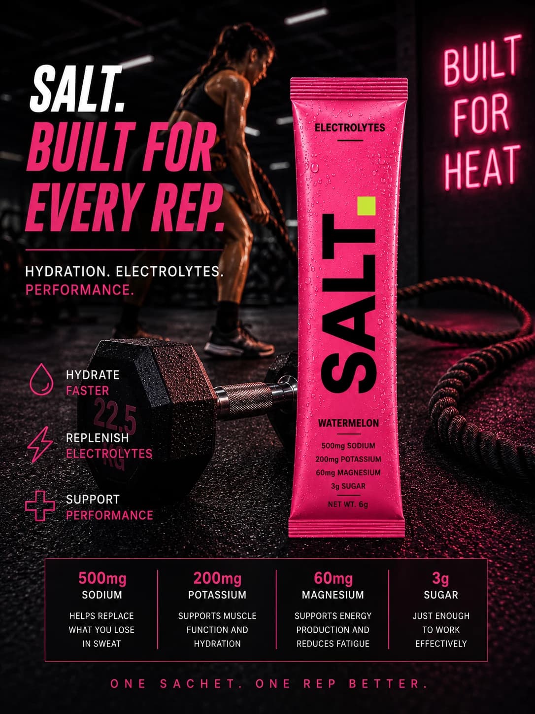 SALT. Built for every rep. — Watermelon sachet in the gym. One sachet. One rep better.