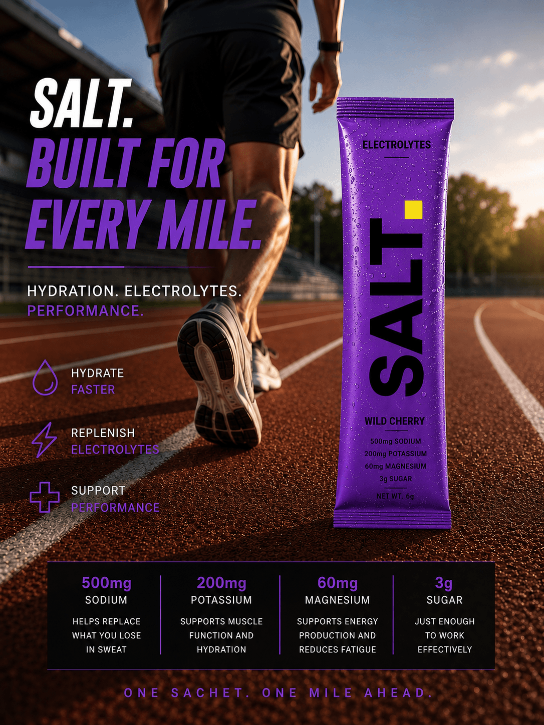SALT. Built for every mile. — Wild Cherry sachet on a running track. One sachet. One mile ahead.