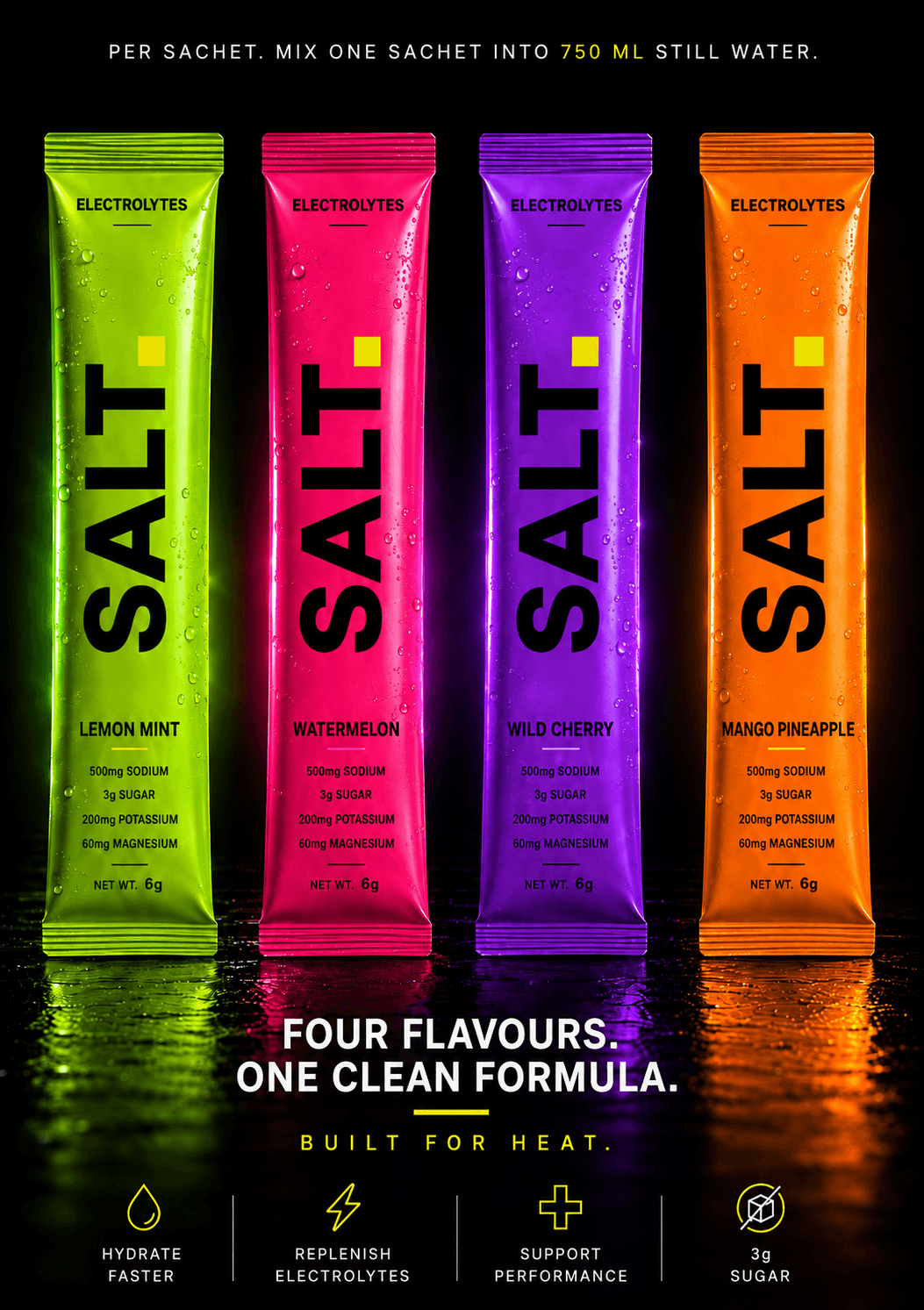 SALT electrolyte range — Lemon Mint, Watermelon, Wild Cherry and Mango Pineapple single-serve sachets.