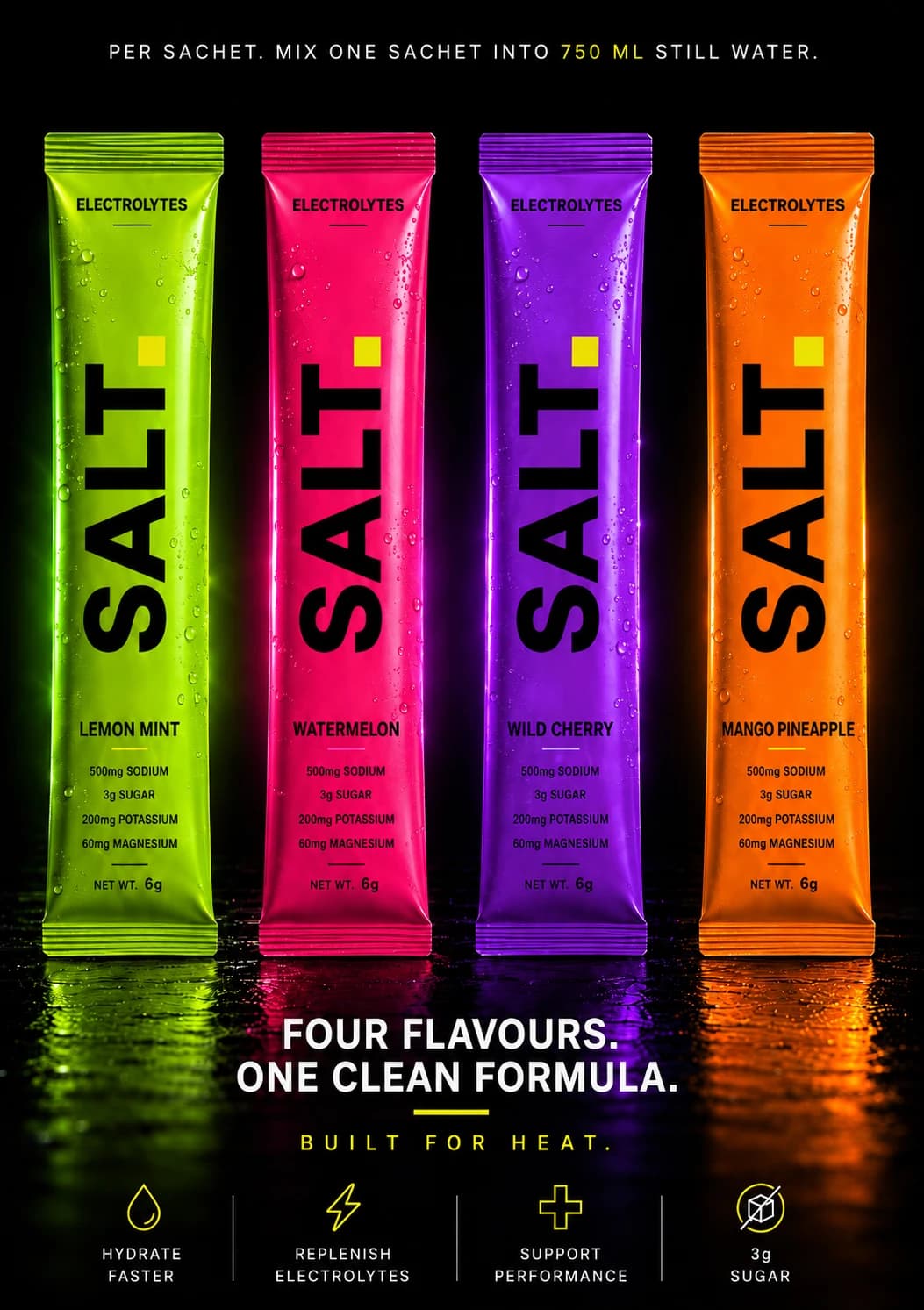 SALT electrolyte range — Lemon Mint, Watermelon, Wild Cherry and Mango Pineapple single-serve sachets.
