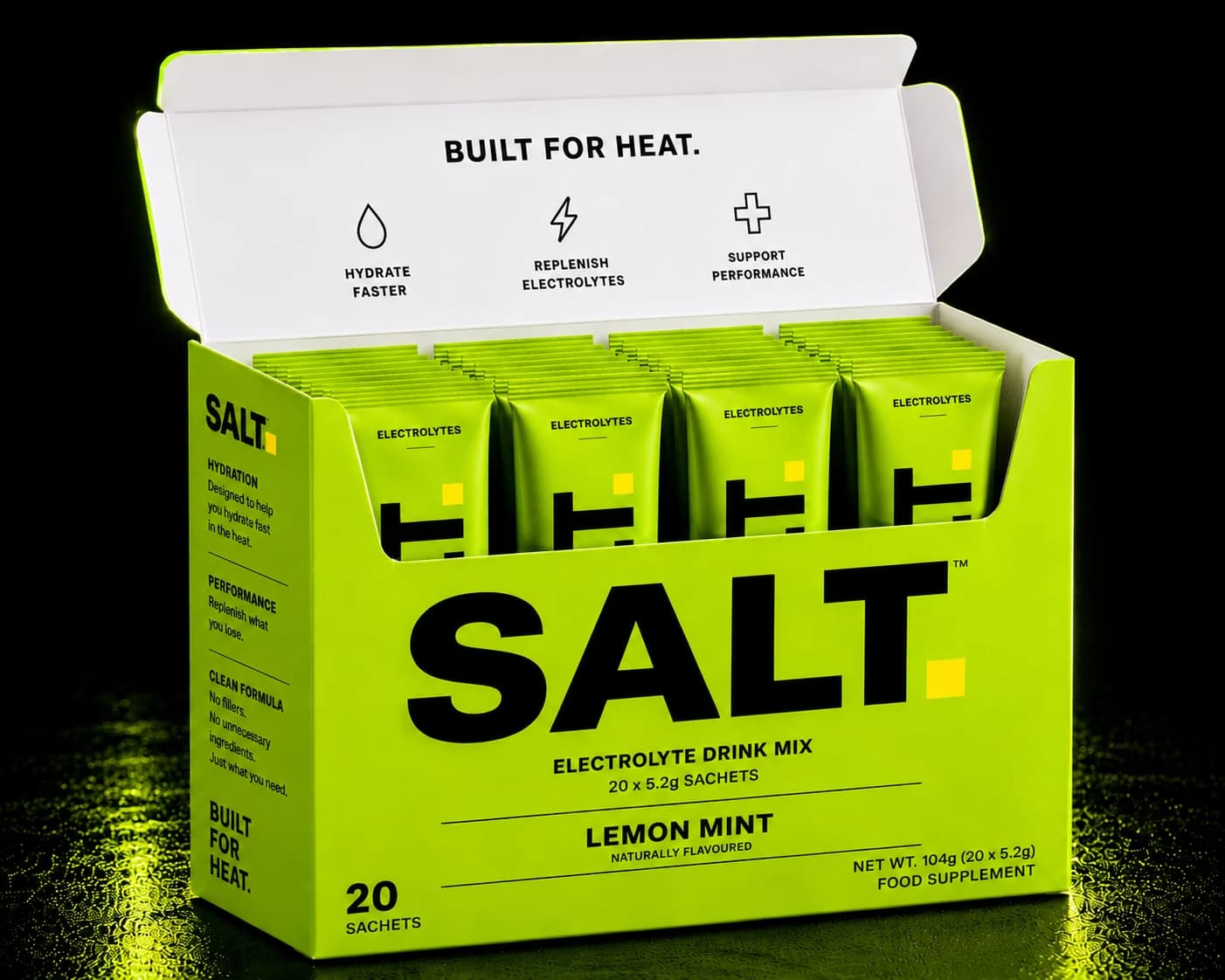 SALT Lemon Mint — box of 20 single-serve electrolyte sachets.
