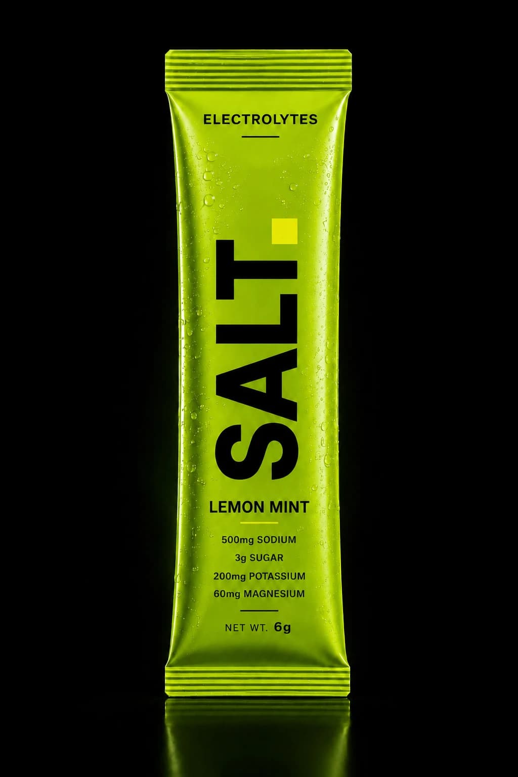 SALT Lemon Mint sachet — vivid green pack on a dark stage, 500mg sodium, 3g sugar per serve.