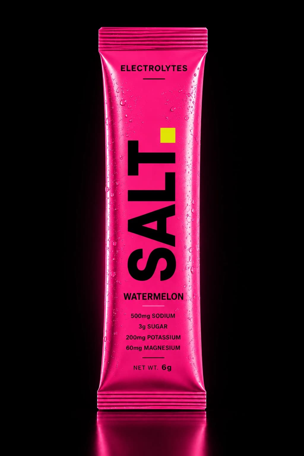 SALT Watermelon sachet — vivid magenta-pink pack on a dark stage, 500mg sodium, 3g sugar per serve.